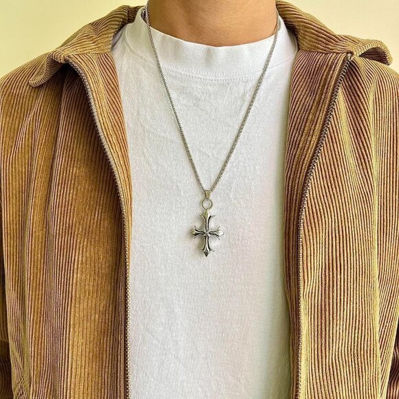 y2k style heavy metal punk silver gothic emo cross pendant chain necklace - Picture 5 of 7